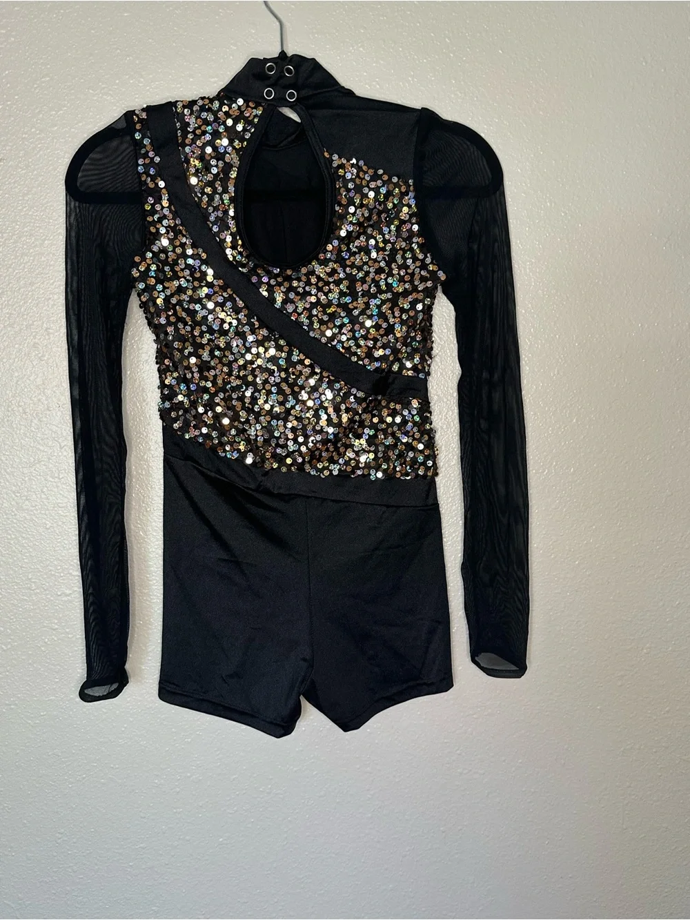 Women’s Black Sequin Long-Sleeve One-Piece Dance Costume